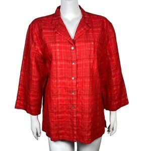 Vintage Chicos Design Linen Blend Button Up Shirt Size 3 (XL) 3/4 Sleeve Red